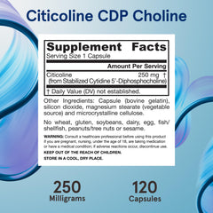 Jarrow Formulas Citicoline CDP Choline 250 mg bottle showing Non-GMO and gluten-free.
