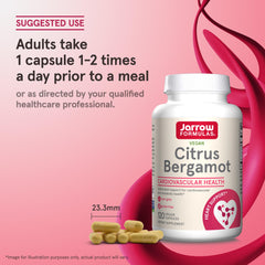 Jarrow Formulas Citrus Bergamot label beside fresh fruit imagery signaling natural antioxidant profile.