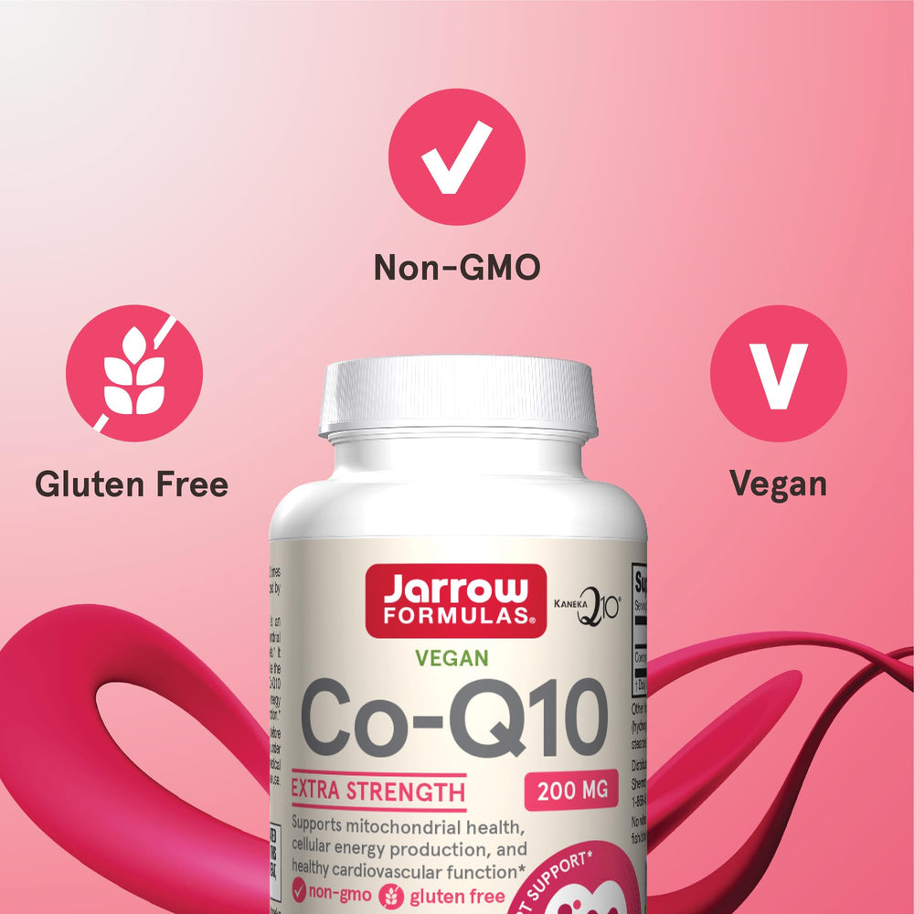 Jarrow Formulas Co-Q10 bottle on table for on-the-go energy support.