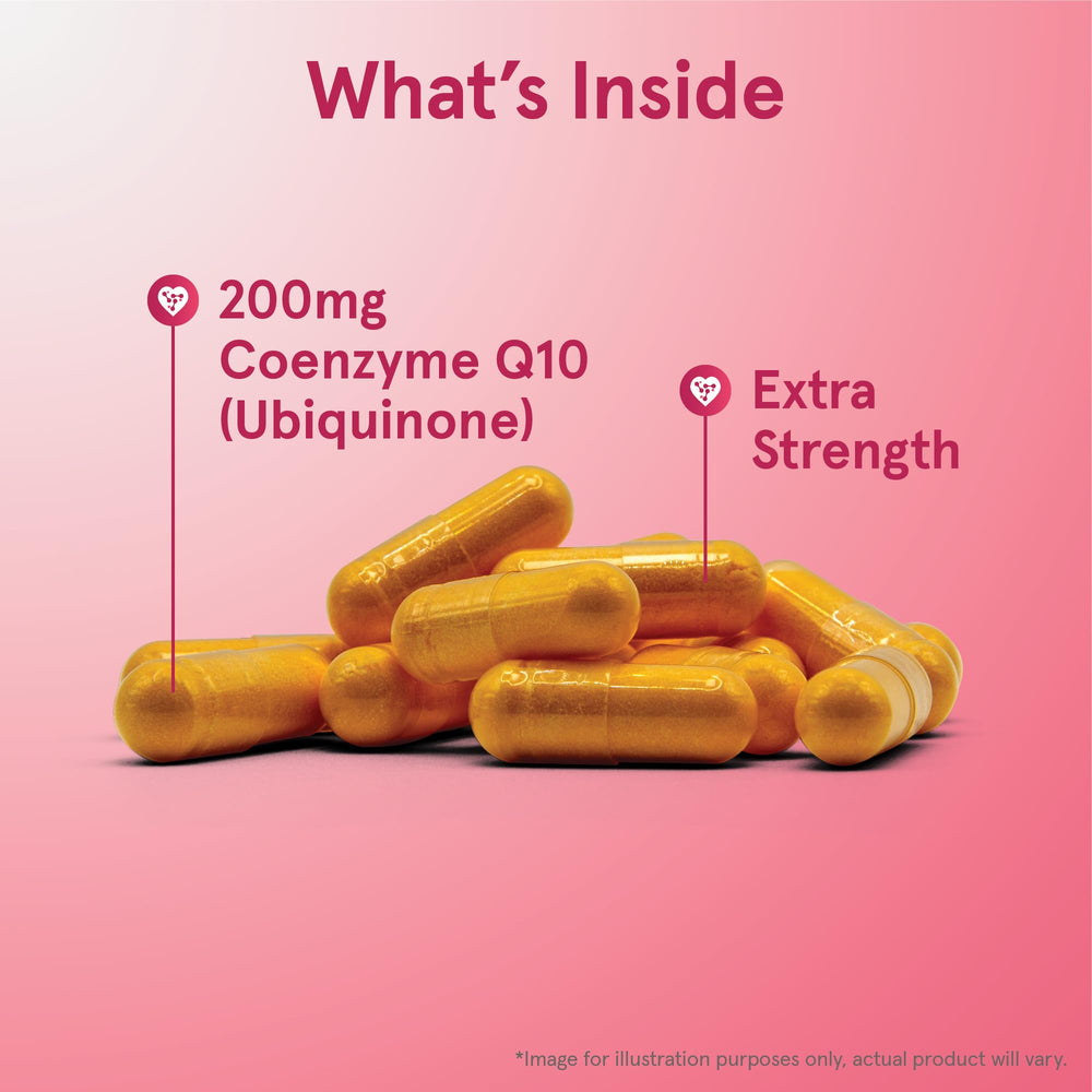 Close-up of Co-Q10 capsules illustrating vegetarian formulation.