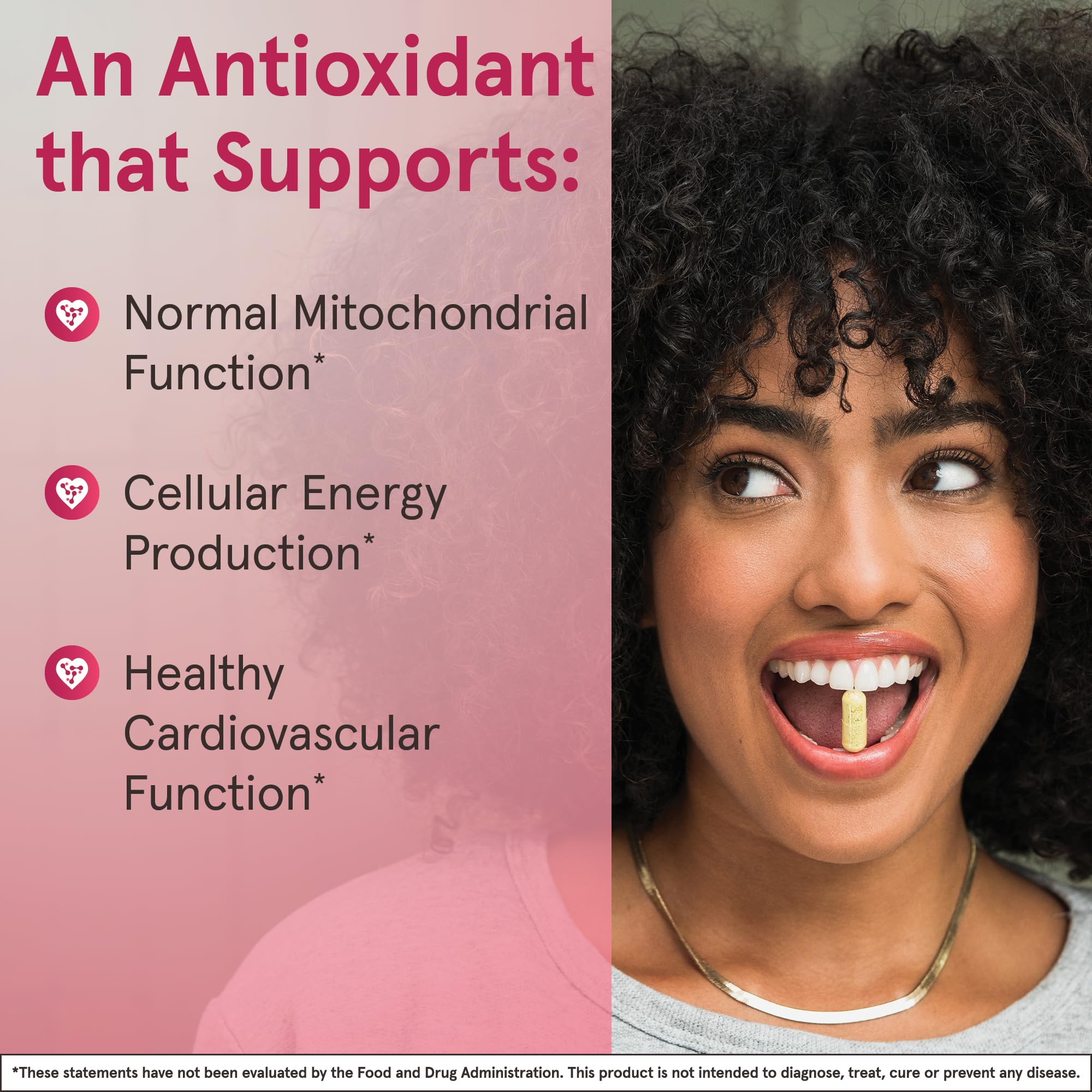 Capsules in pack emphasizing convenient daily use of Co-Q10.