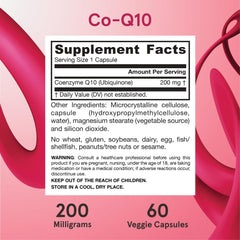 Nutrition facts label of Co-Q10 showing 200 mg per capsule.