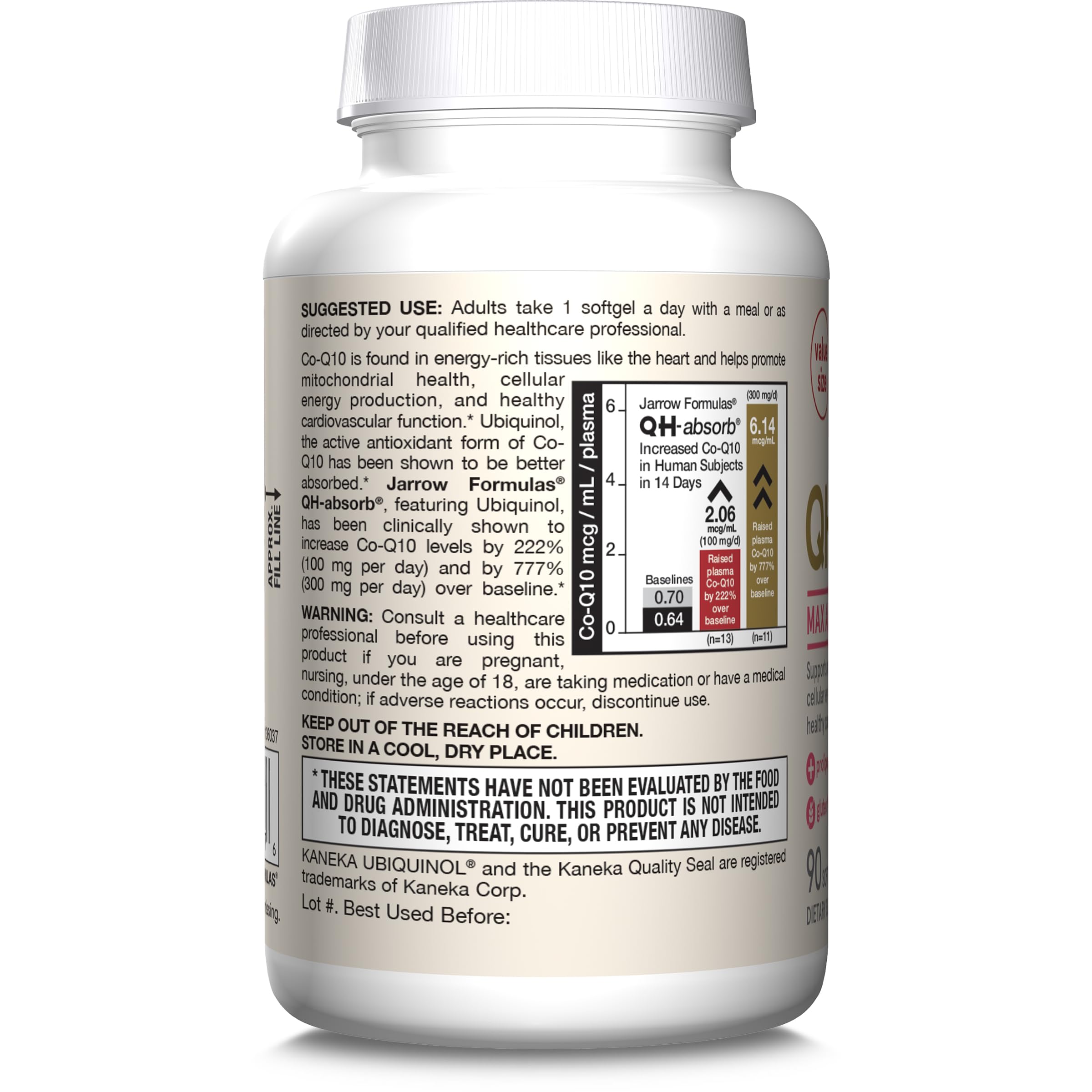 Jarrow Formulas CoQ10 ubiquinol softgels label with clinical data.