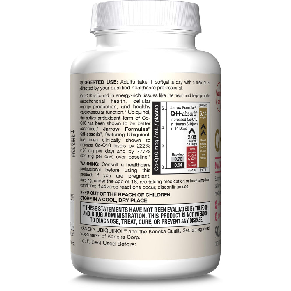 Jarrow Formulas CoQ10 ubiquinol softgels label with clinical data.