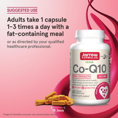 Vegetarian Co-Q10 label by Jarrow Formulas highlighting non-GMO and dairy-free status.