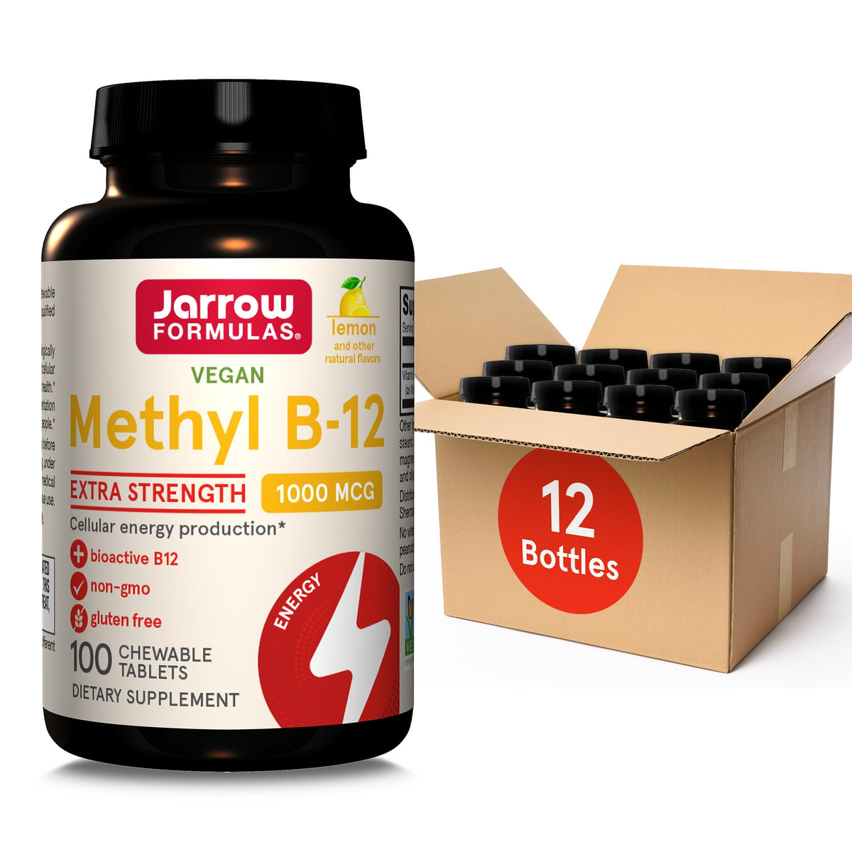 Jarrow Formulas extra-strength methyl B-12 bottle front for energy support
