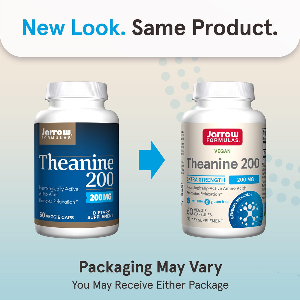 Jarrow Formulas Theanine 200mg bottle back shows ingredients and usage details
