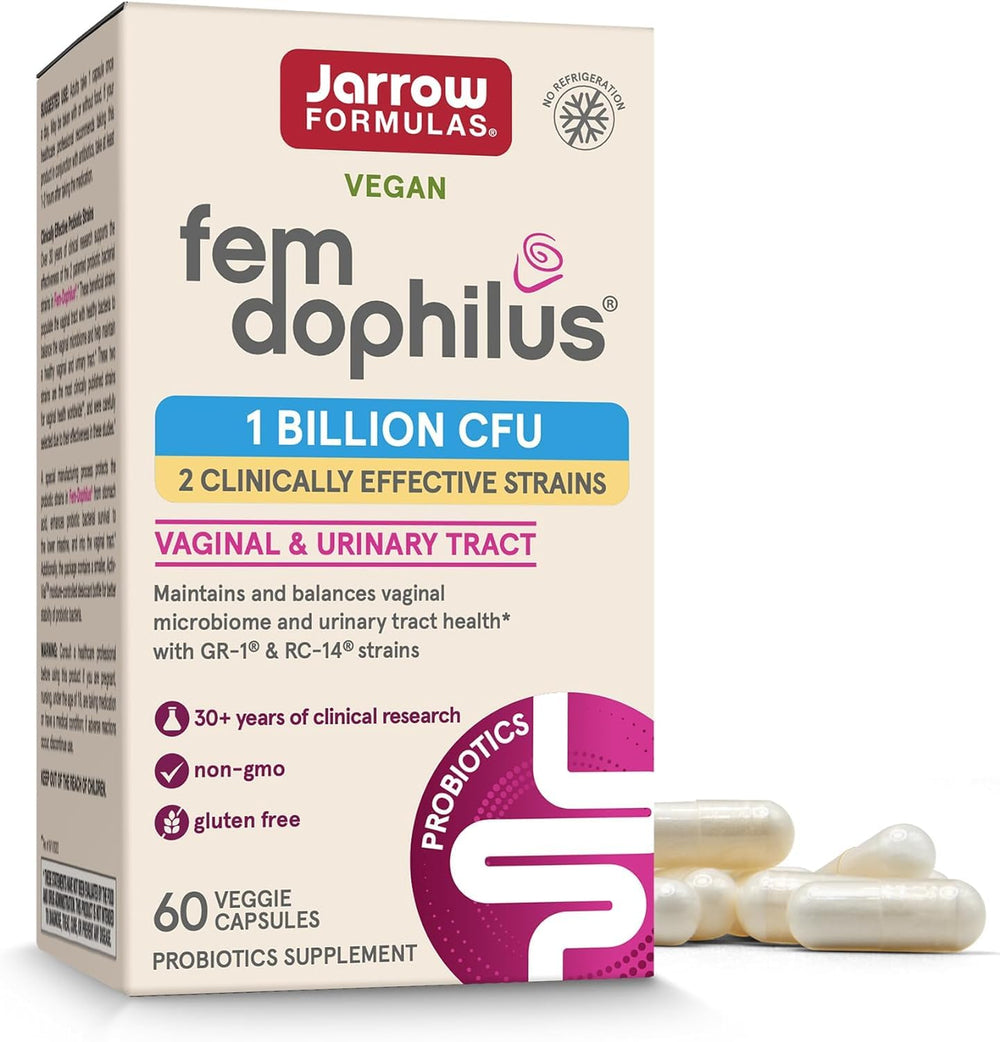 Jarrow Formulas Fem-Dophilus bottle front showing probiotic support for urinary tract health.