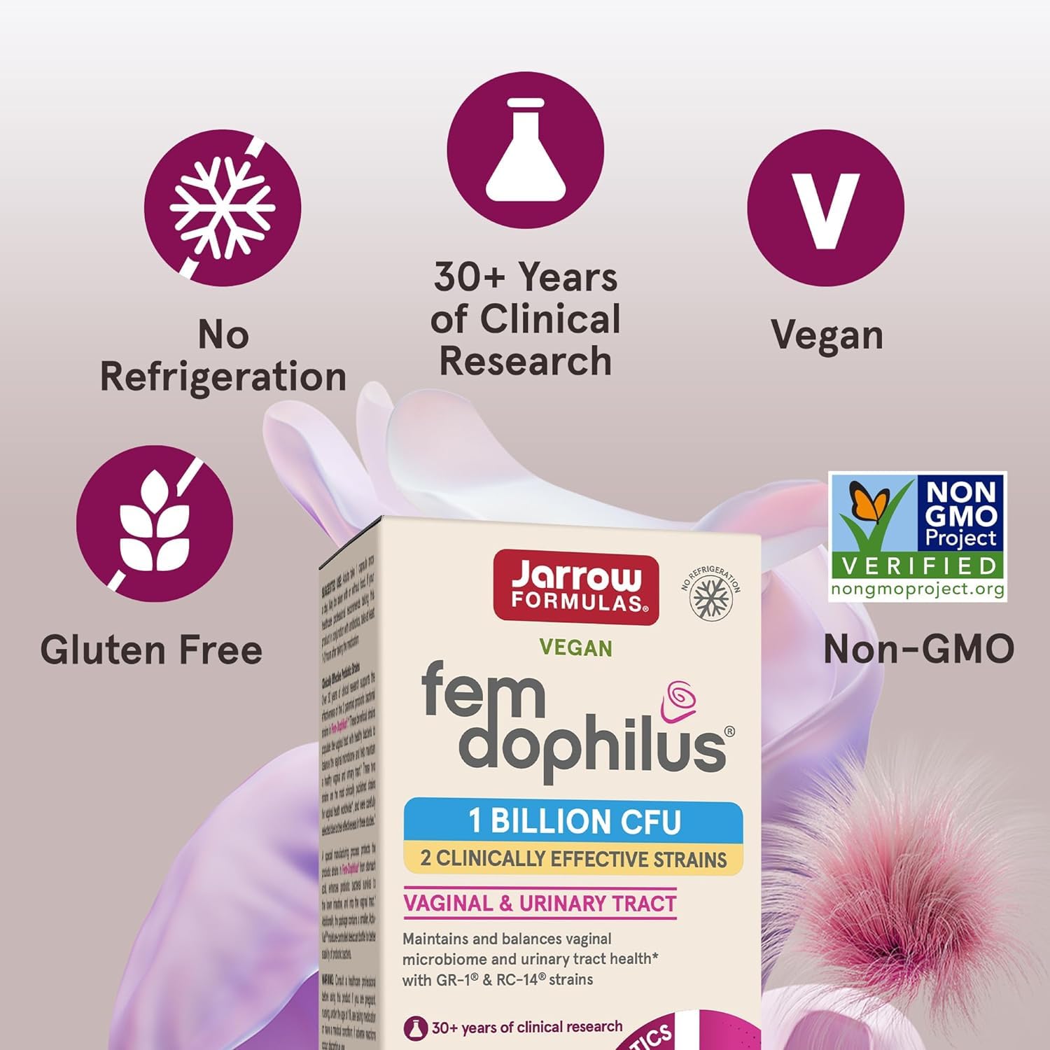 Jarrow Fem-Dophilus daily-use packaging beside glass of water.