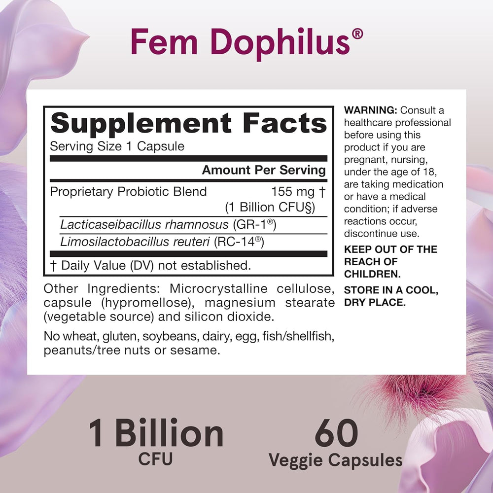 Jarrow Fem-Dophilus packaging on shelf showing 60 servings.