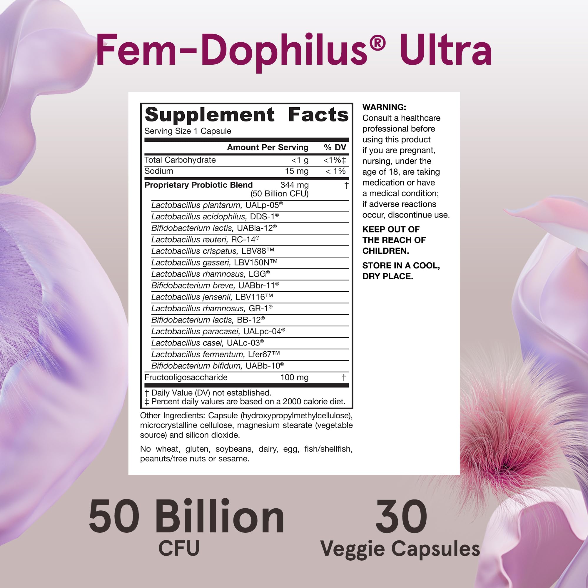 Vegan and gluten-free certification icons on the Fem-Dophilus Ultra label