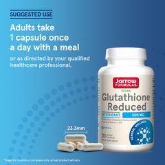 Jarrow Formulas Glutathione dosage information on label for easy reference.