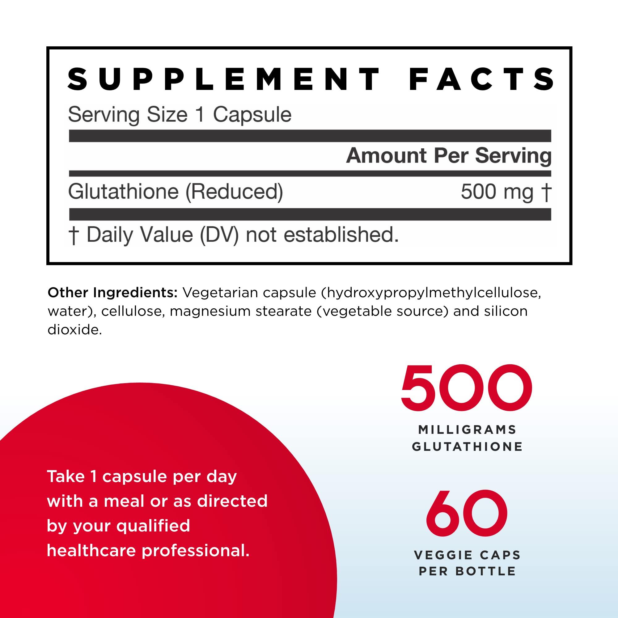Close-up of Glutathione Reduced 500 mg capsules by Jarrow Formulas for everyday use.