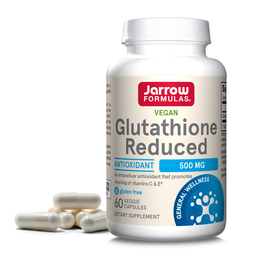 Jarrow Formulas Glutathione Reduced bottle with 60 veggie capsules for daily antioxidant support.