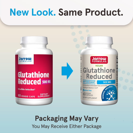 Jarrow Formulas Glutathione Reduced capsules in bottle highlight vegan, gluten-free supplement.