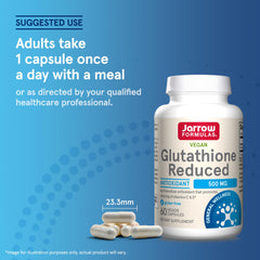 Jarrow Formulas Glutathione Reduced non-GMO badge on bottle.