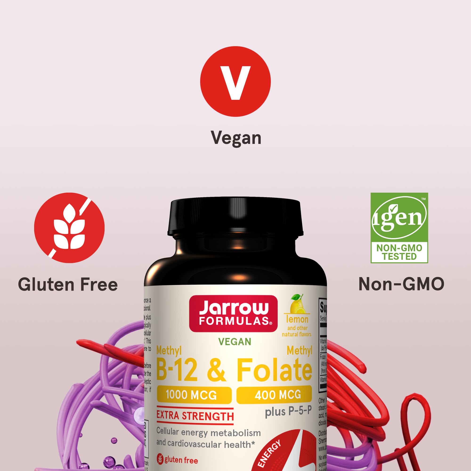 Jarrow Formulas gluten-free vegan symbol on packaging.