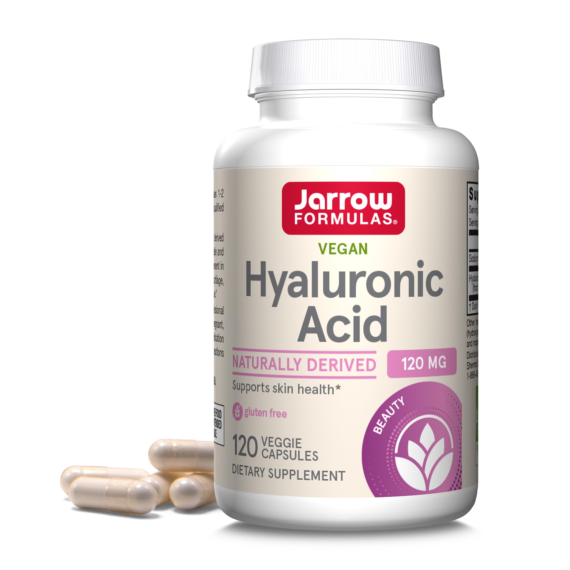 Jarrow Formulas Hyaluronic Acid bottle pour showing hydration support for skin