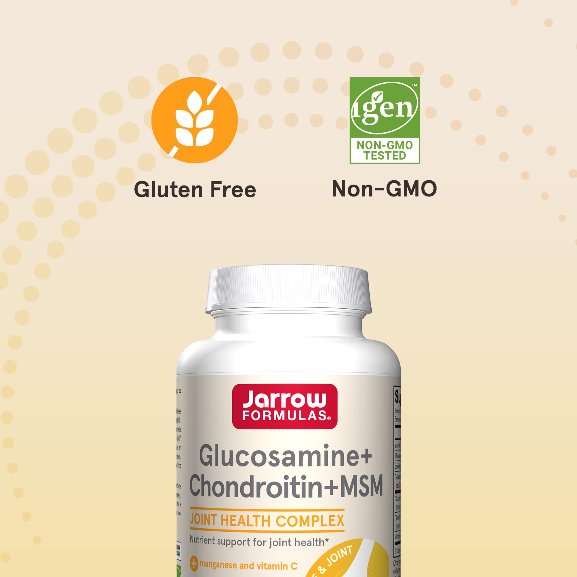 Jarrow Formulas ingredients panel with glucosamine, chondroitin, MSM, vitamin C and manganese.