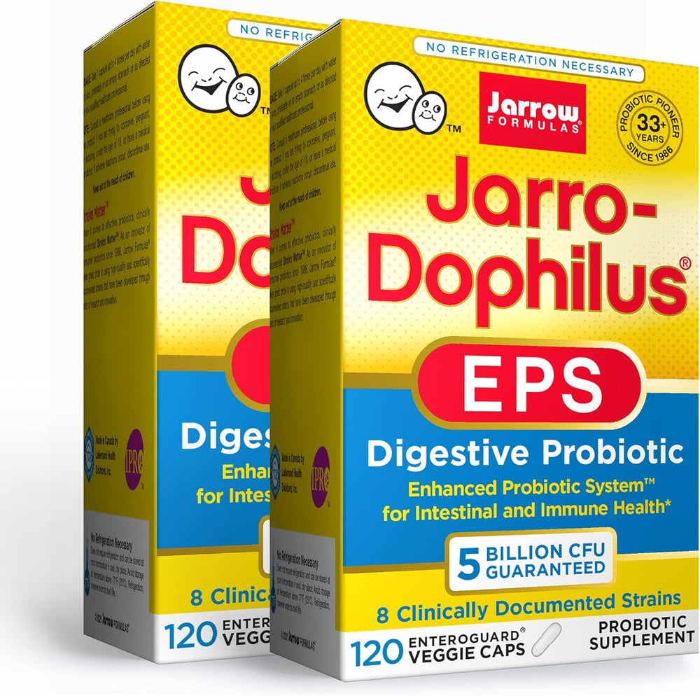 Jarrow Formulas Jarro-Dophilus EPS bottle with enteric-coated capsules for daily digestive support.