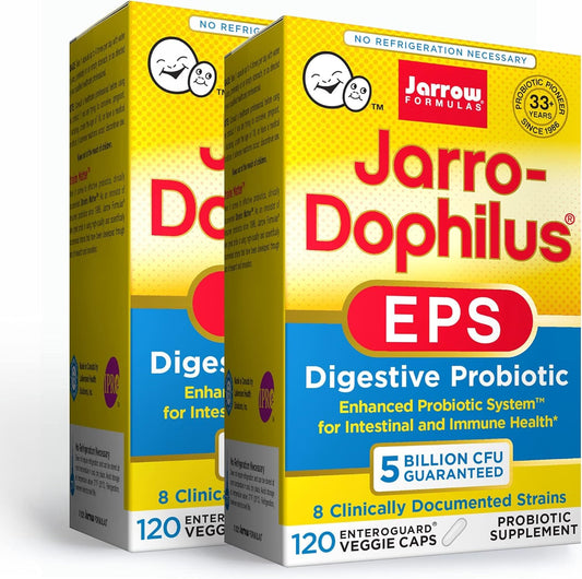 Jarrow Formulas Jarro-Dophilus EPS bottle with enteric-coated capsules for daily digestive support.