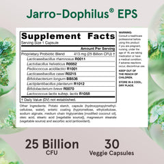 Jarrow Formulas Jarro-Dophilus EPS bottle highlighting gut health benefits.