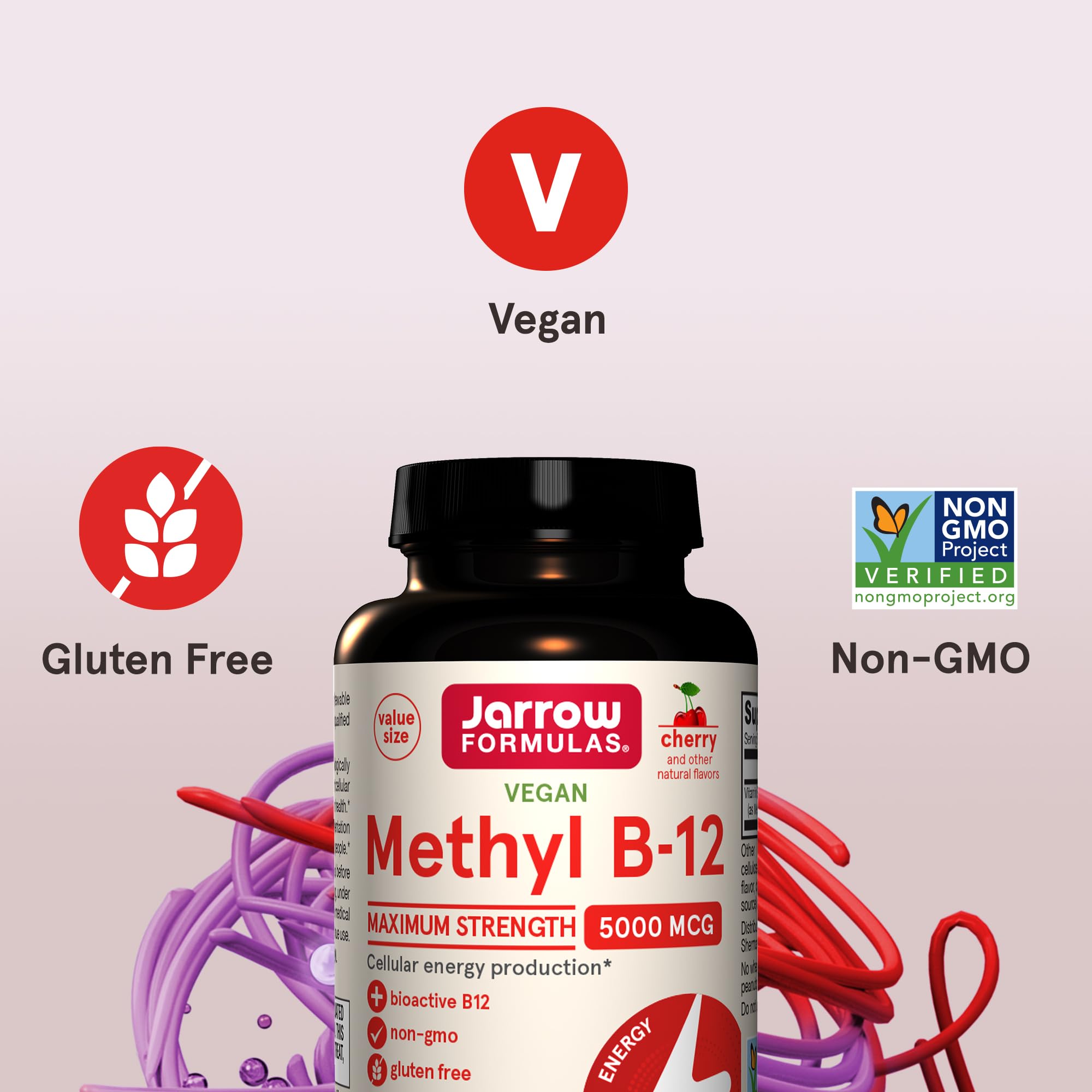 Jarrow Formulas label card shows dosage and key benefits.