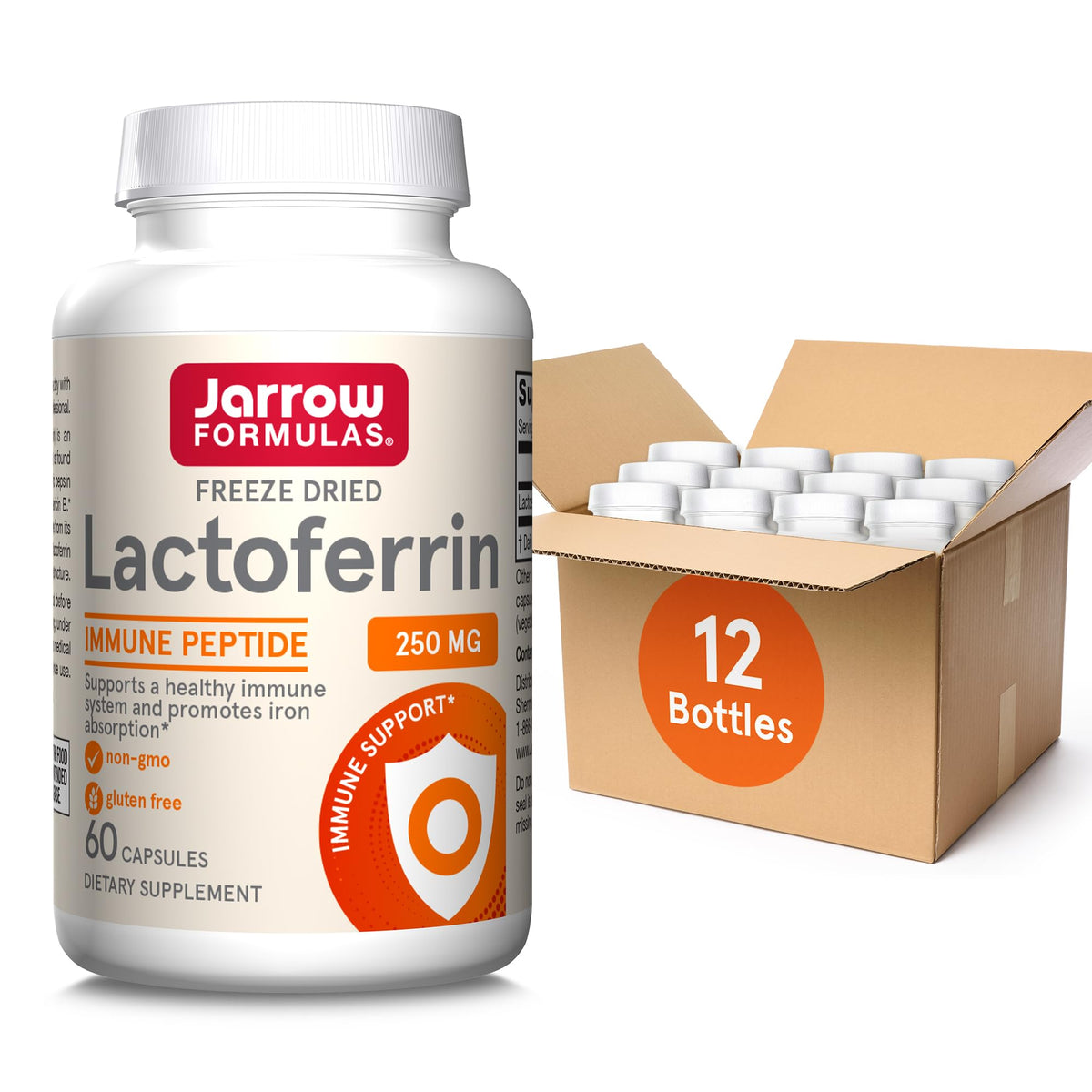 Jarrow Formulas Lactoferrin 250 mg bottle highlights immune support and iron utilization potential.