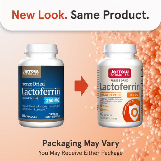 Jarrow Formulas Lactoferrin capsules show freeze-dried potency for daily support.
