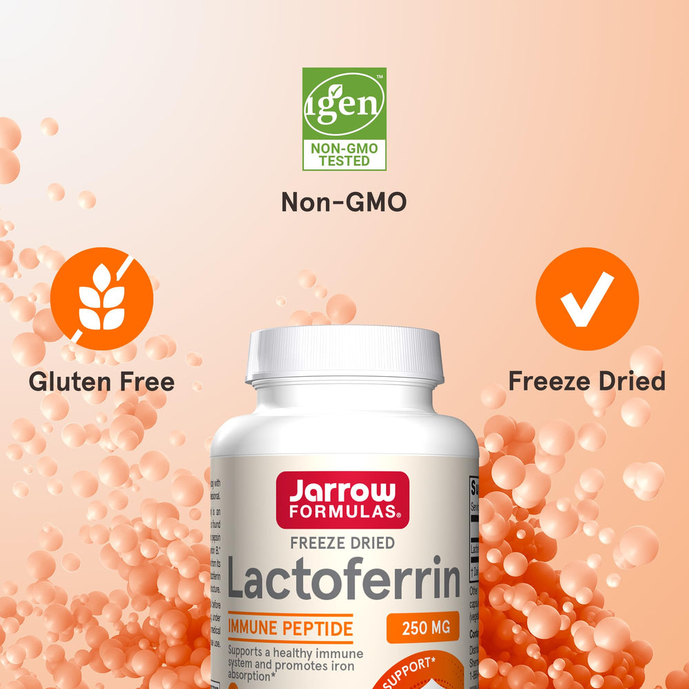 Jarrow Formulas Lactoferrin ingredient panel outlines 250 mg per capsule.