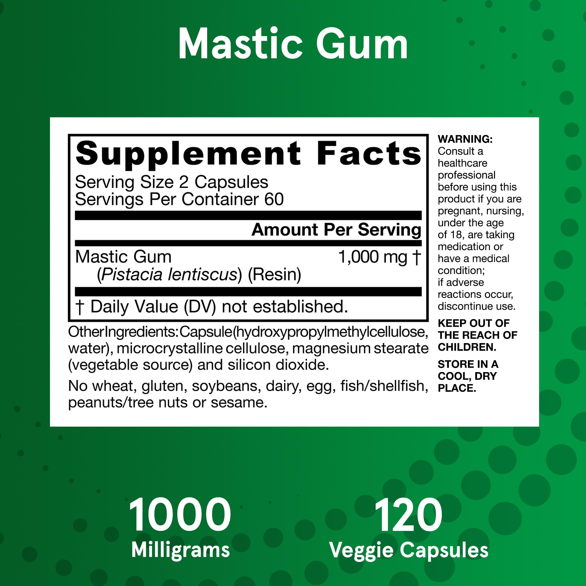 Jarrow Formulas Mastic Gum label highlights gluten-free and non-GMO ingredients
