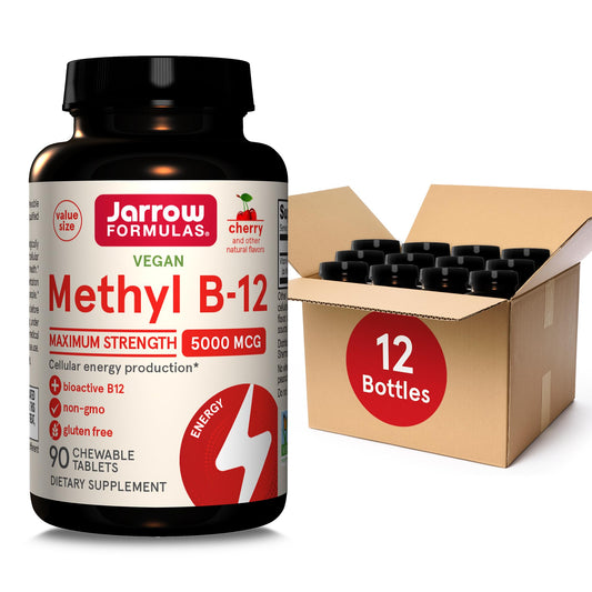 Jarrow Formulas Methyl B-12 cherry chewable bottle front for easy daily energy support