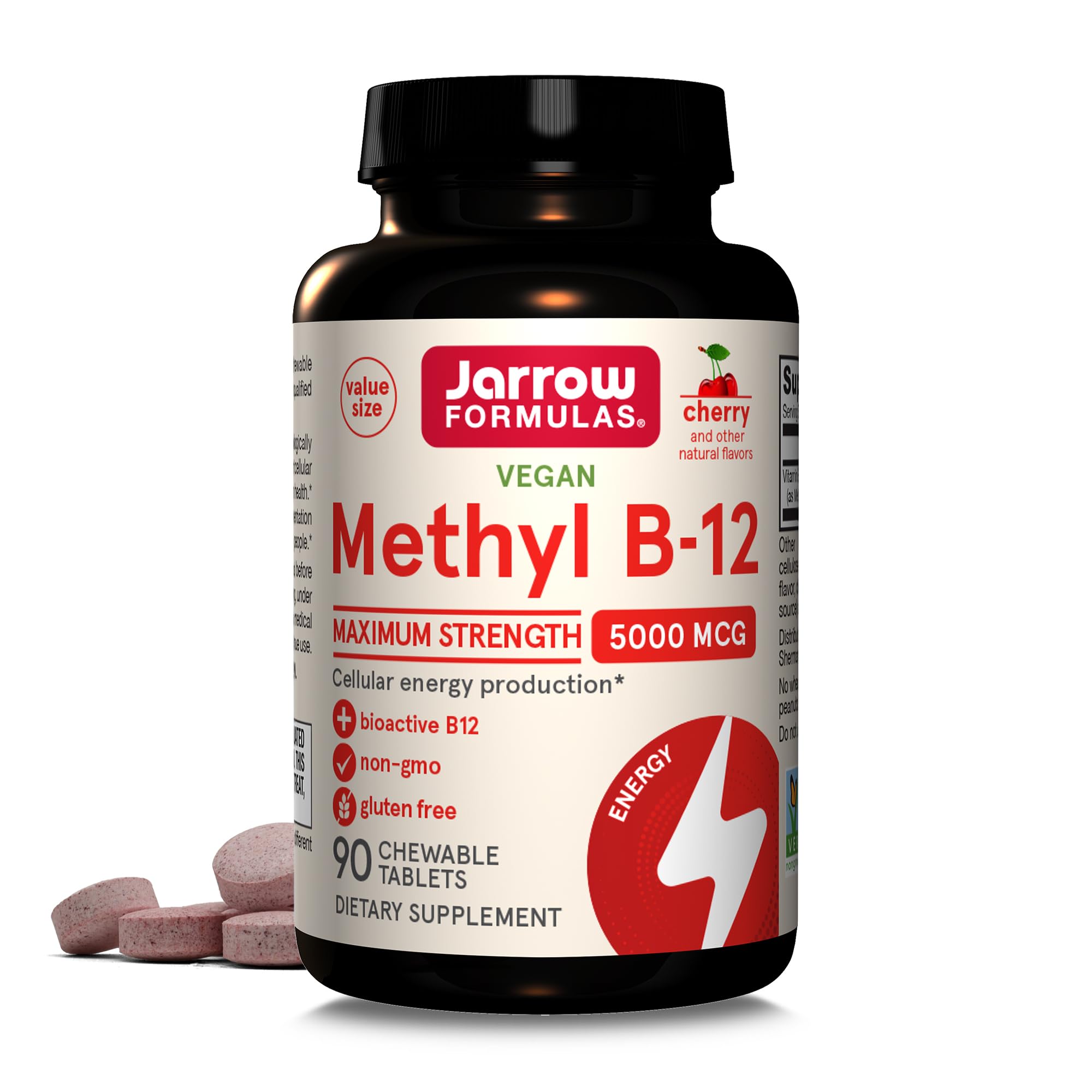 Jarrow Formulas Methyl B-12 cherry chew tablet for energy and mood support.