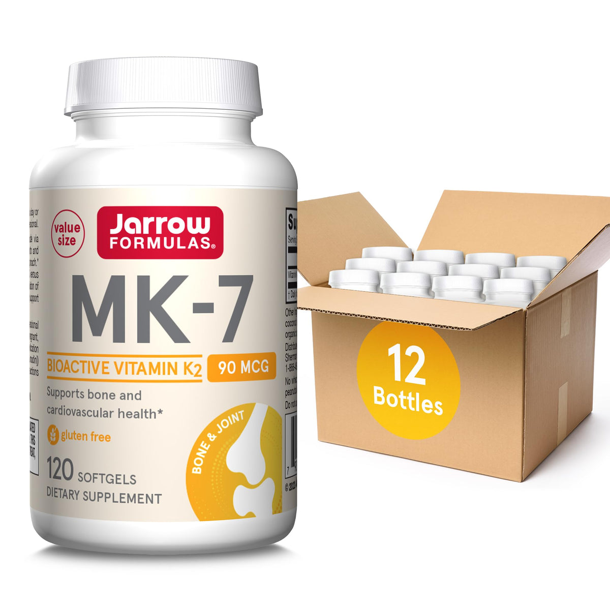 Jarrow Formulas MK-7 90mcg softgels bottle for bone and heart health.