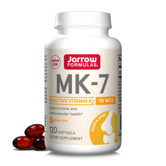 Jarrow Formulas MK-7 bottle front shows 90 mcg softgels for bone health.