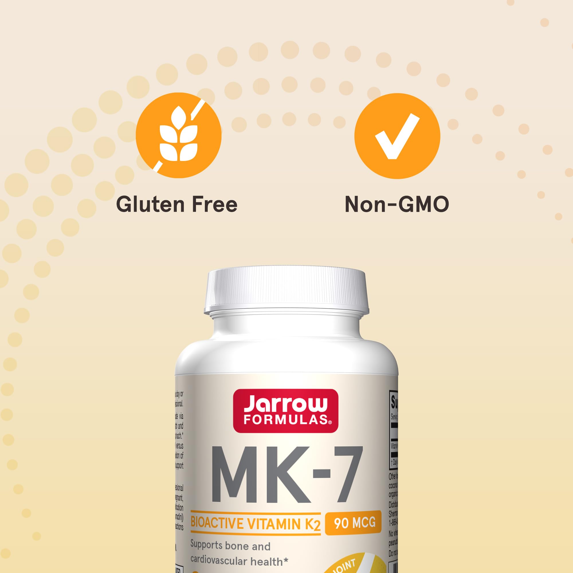 Softgel pour of Jarrow MK-7 illustrating easy daily intake with meals