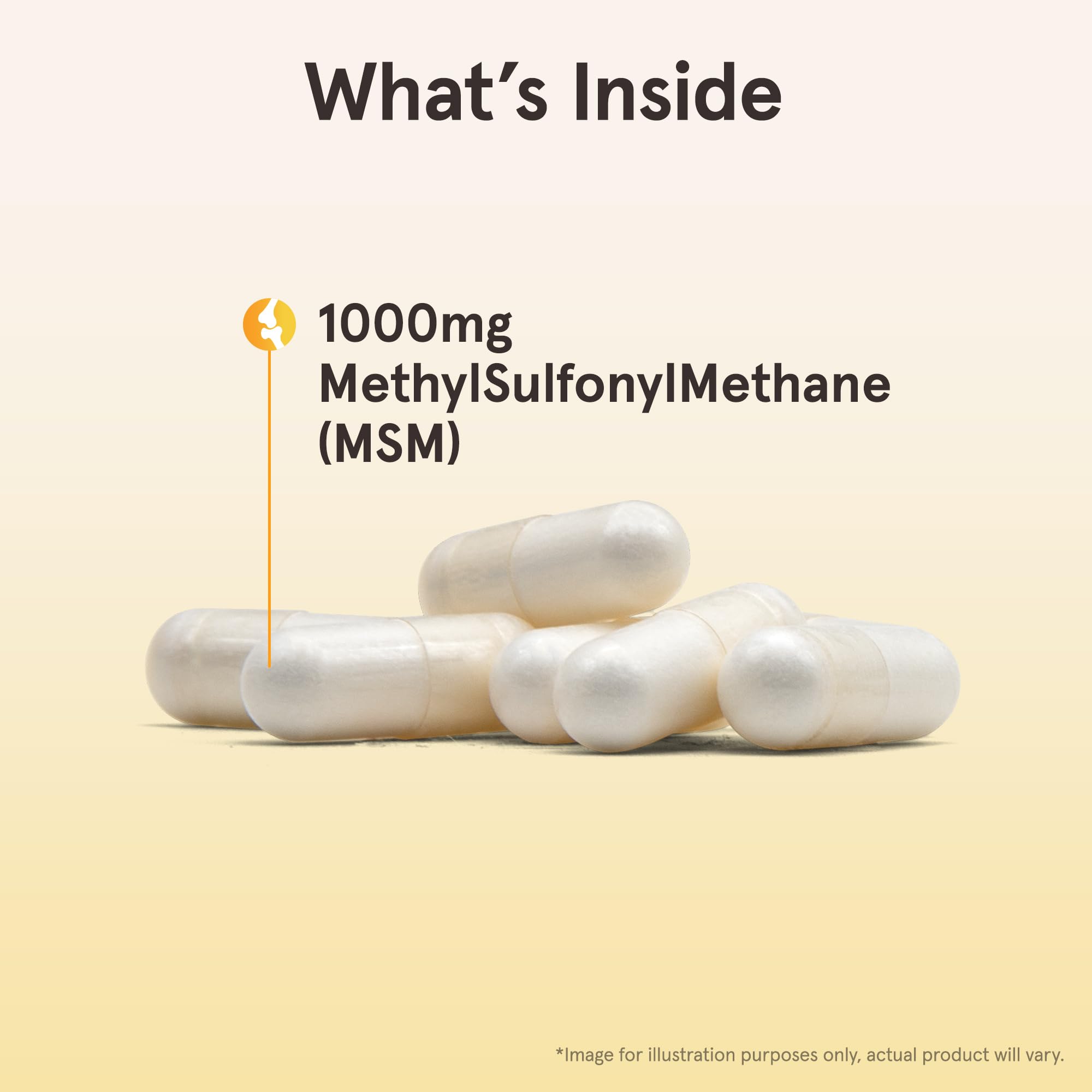 MSM bottle label highlights sulfur source for connective tissue.