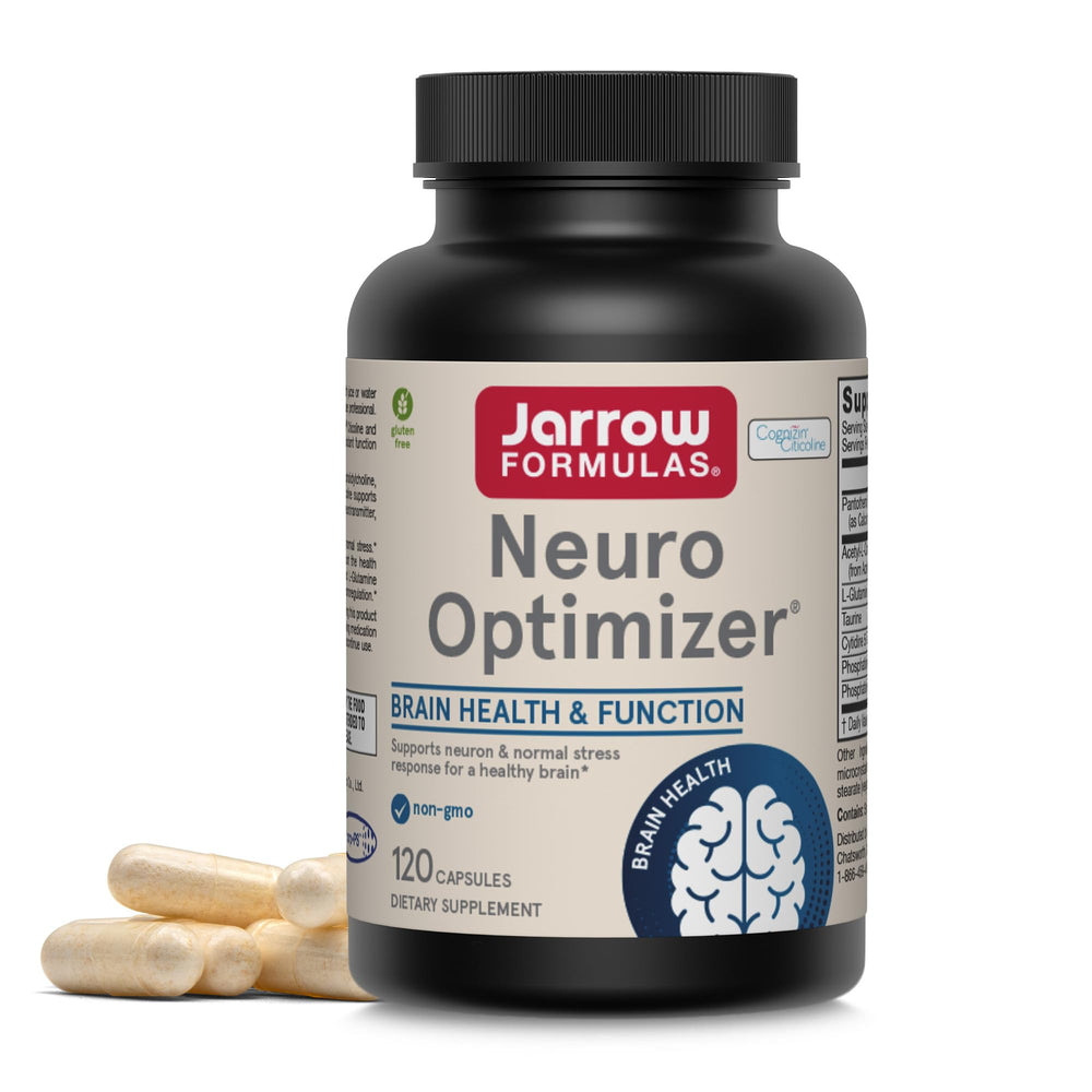 Jarrow Formulas Neuro Optimizer bottle front showing 120 capsules for a 30-day supply.