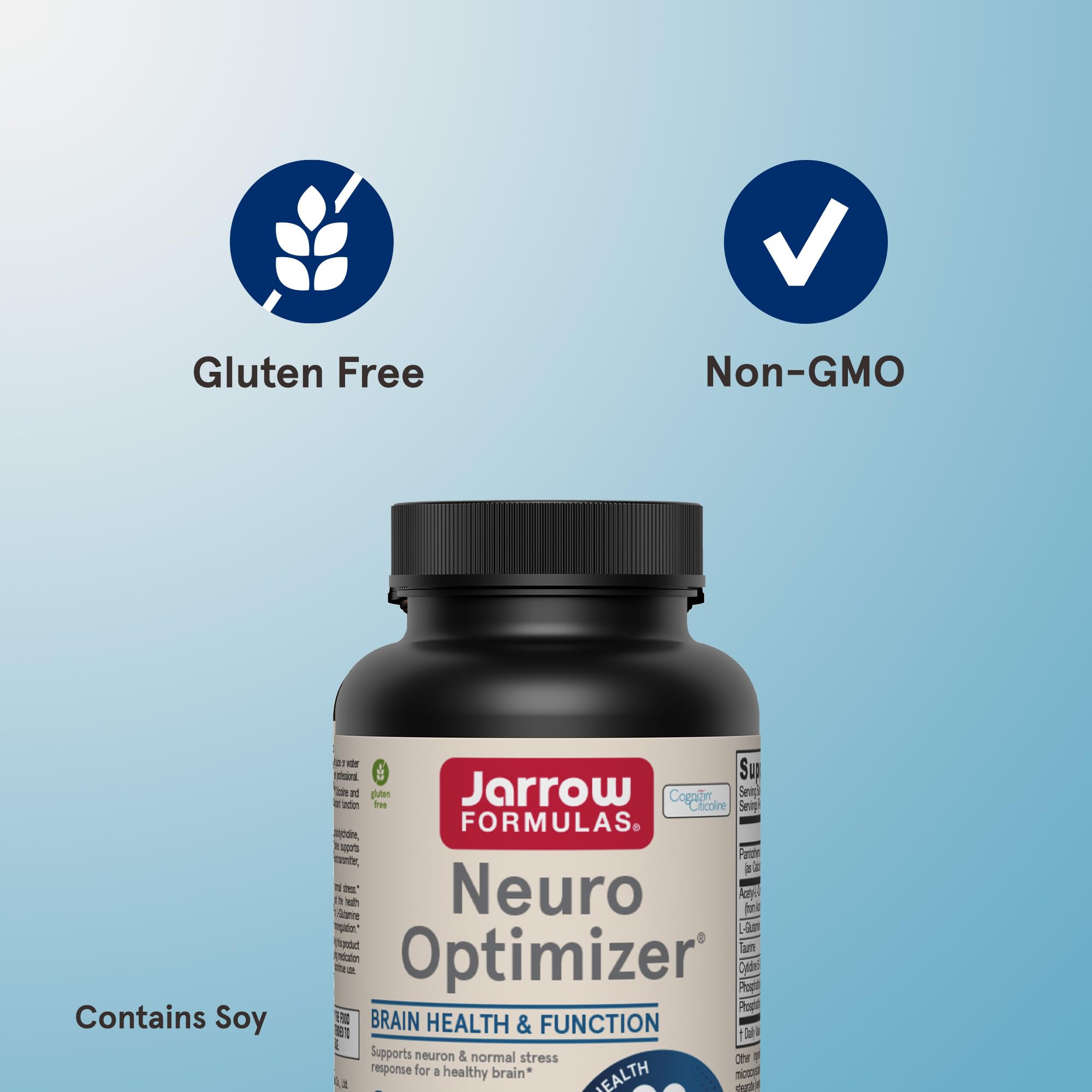Jarrow Formulas Neuro Optimizer guidance graphic shows four capsules daily with juice or water.