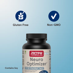 Jarrow Formulas Neuro Optimizer guidance graphic shows four capsules daily with juice or water.