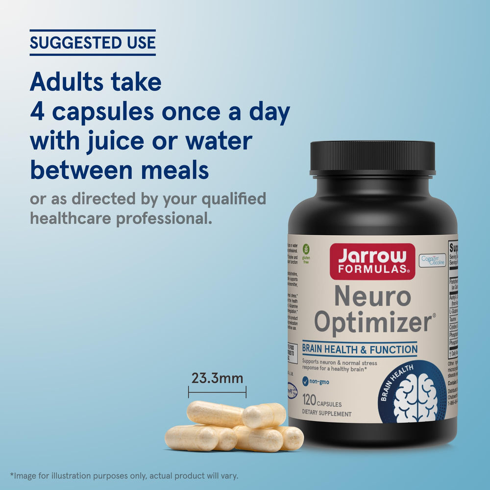 Jarrow Formulas Neuro Optimizer nutrition label mockup indicating ingredients and antioxidant support.