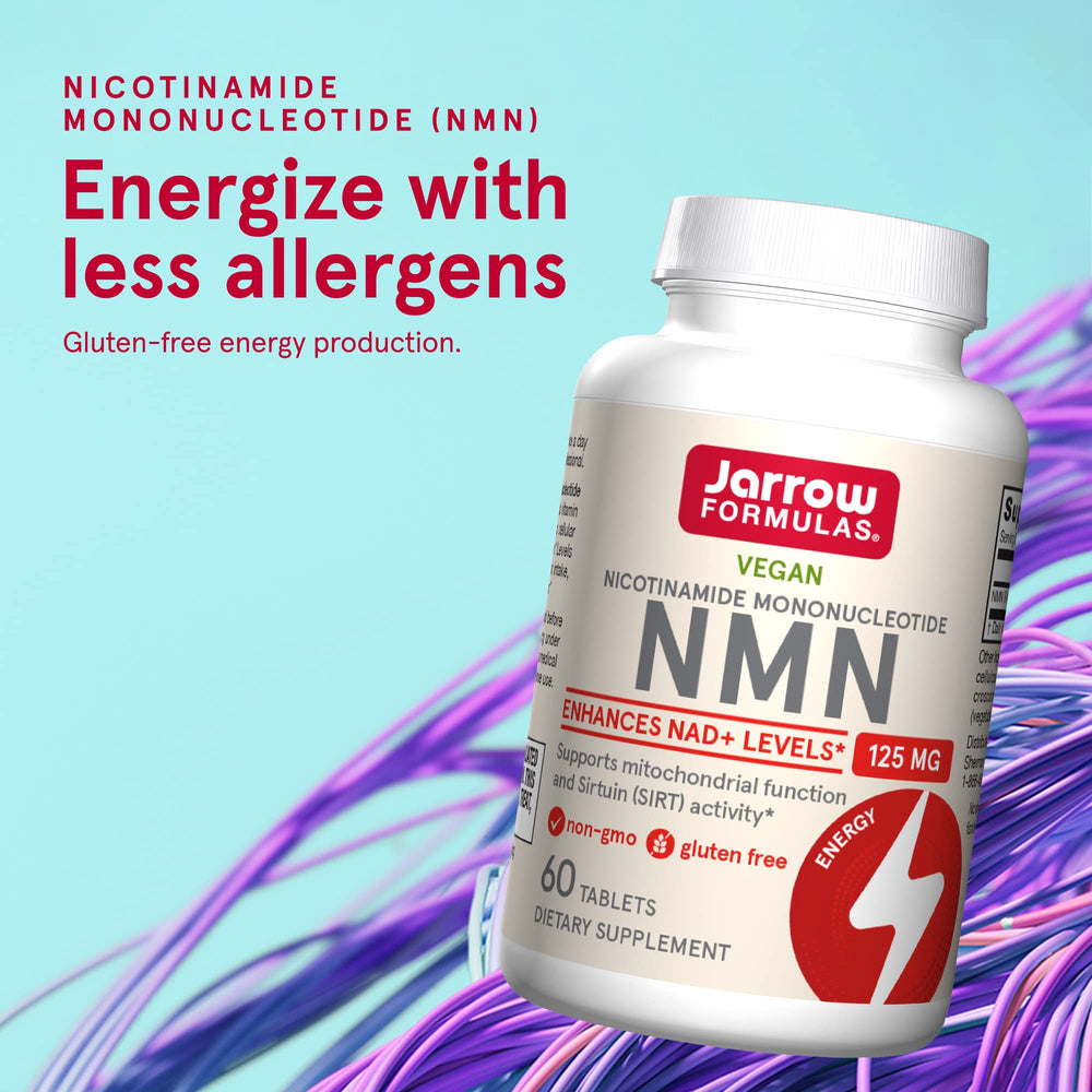 Detail view of Jarrow NMN label highlighting vegan and non-GMO features.