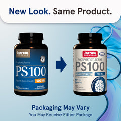 Close-up of PS100 capsules highlighting 100 mg phosphatidylserine.
