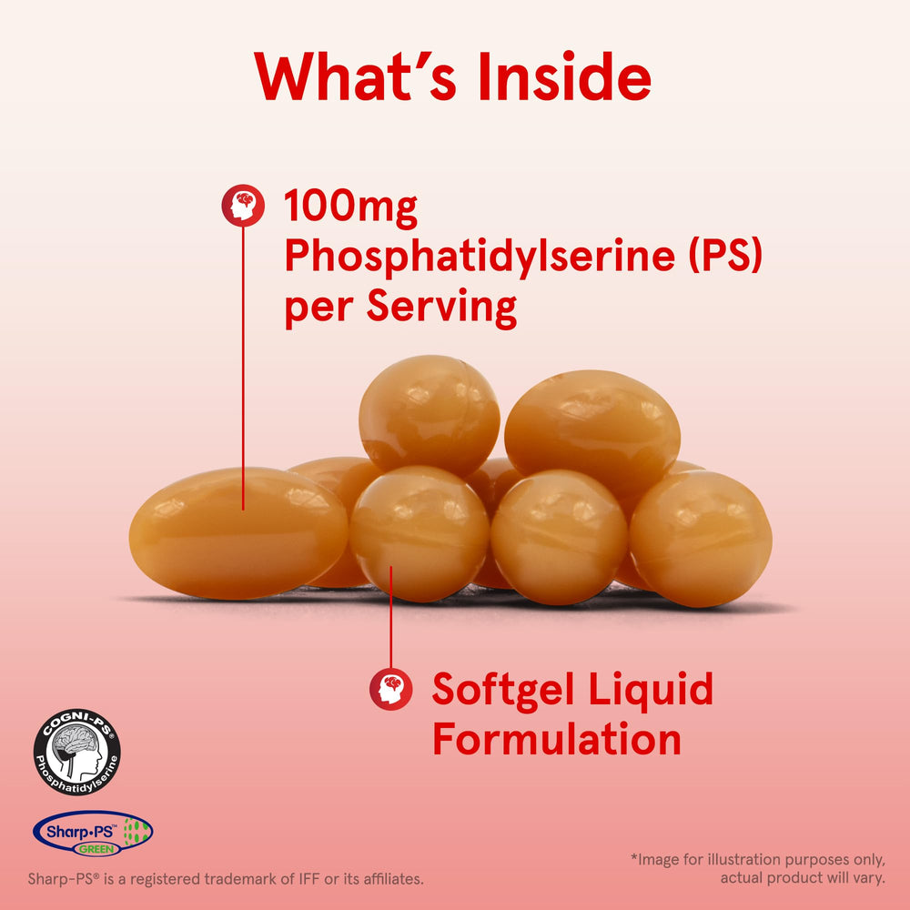 Close-up of Jarrow Formulas PS100 softgels emphasizing 100 mg per capsule.
