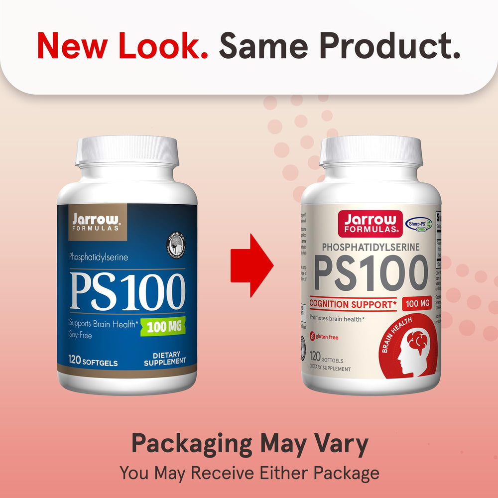 Jarrow Formulas PS100 softgels image highlights easy-to-swallow daily cognition support.