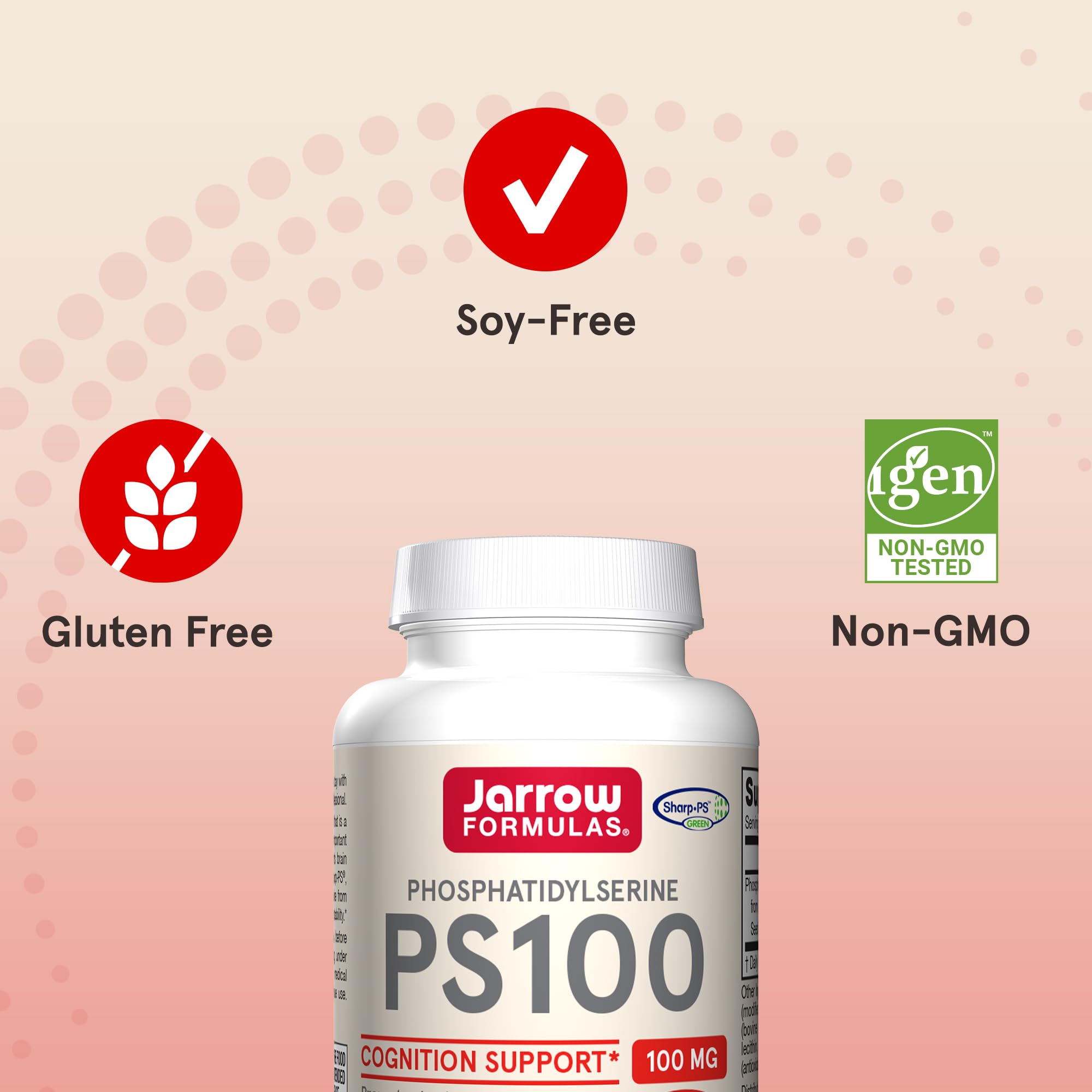 PS100 label highlights gluten-free and non-GMO formulation for brain health.
