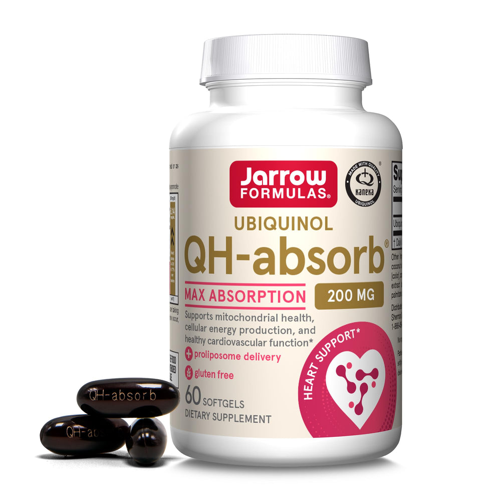 Jarrow Formulas QH-Absorb 200 mg softgels in bottle for heart health support