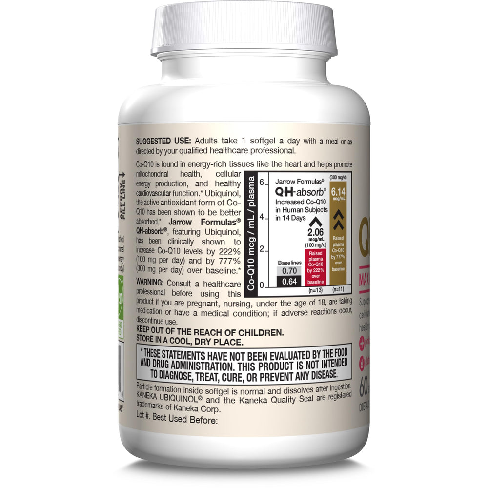 Bottle of QH-Absorb 200 mg softgels showing packaging and quantity