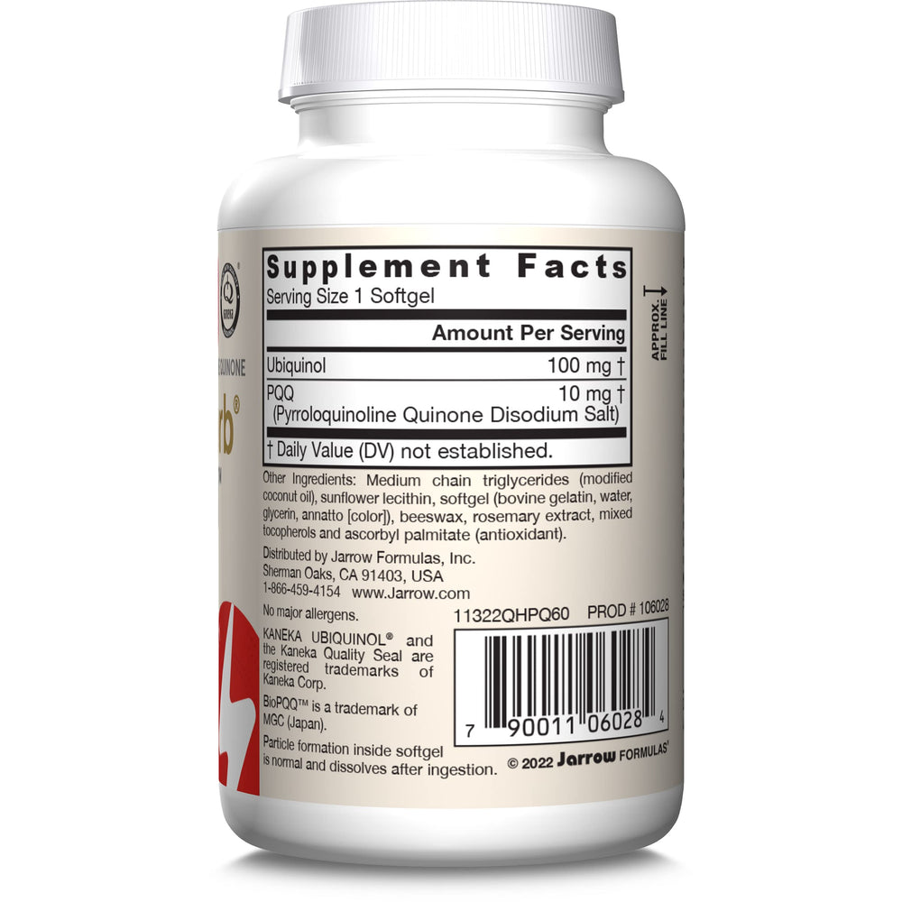 QH-Absorb + PQQ bottle back with supplement facts and potency