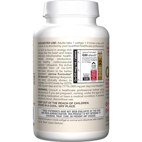 Jarrow Formulas QH-Absorb ubiquinol bottle pour demonstrates convenient daily dosing